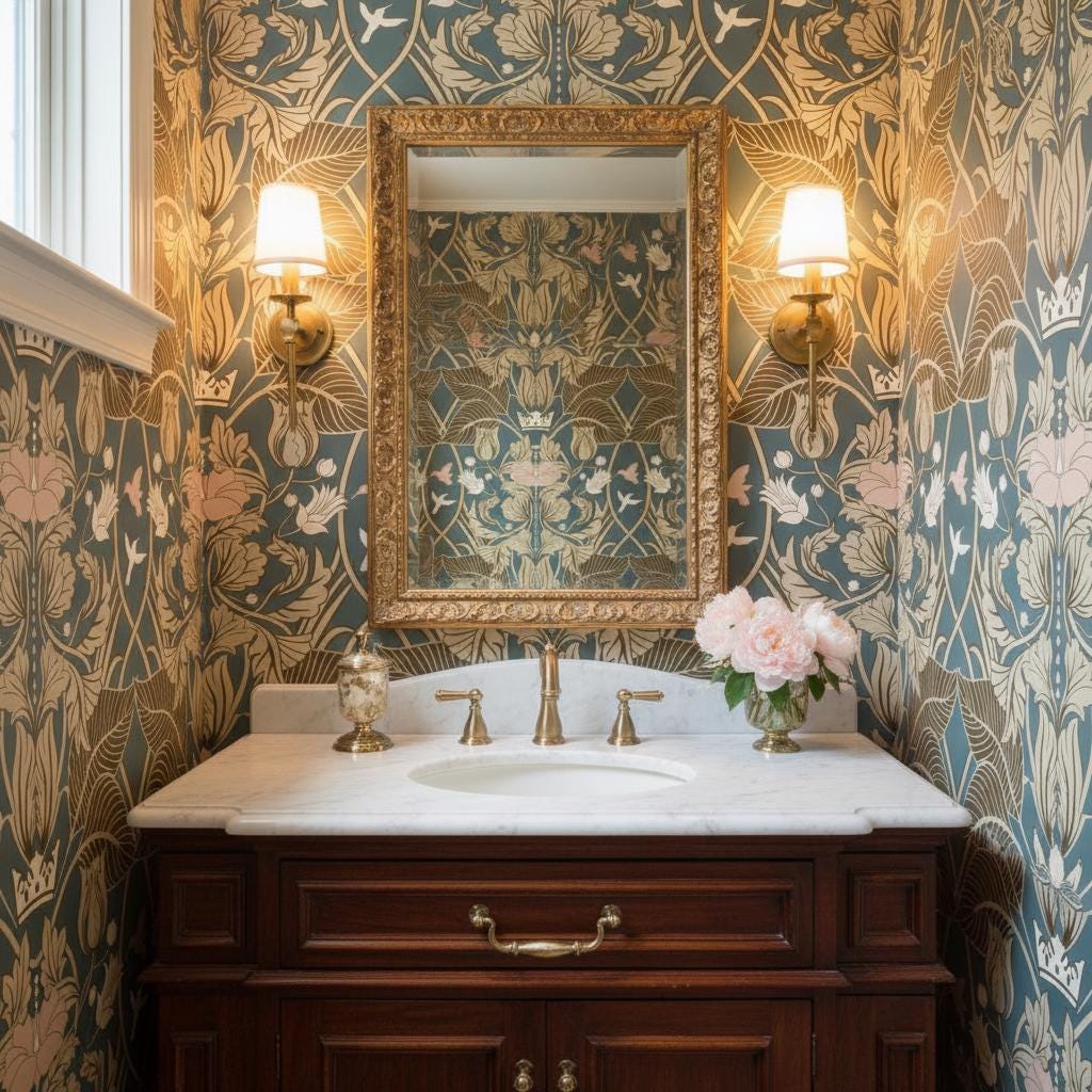 Teal Art Nouveau Wallpaper Peel and Stick | Vintage Floral Crown Pattern | Elegant Wall Decor