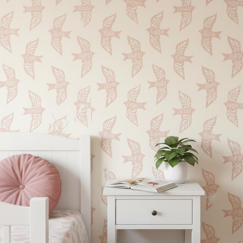Pink Inspirational Wallpaper Peel and Stick | Motivational Quote Pattern | Nursery Girl Room Decor