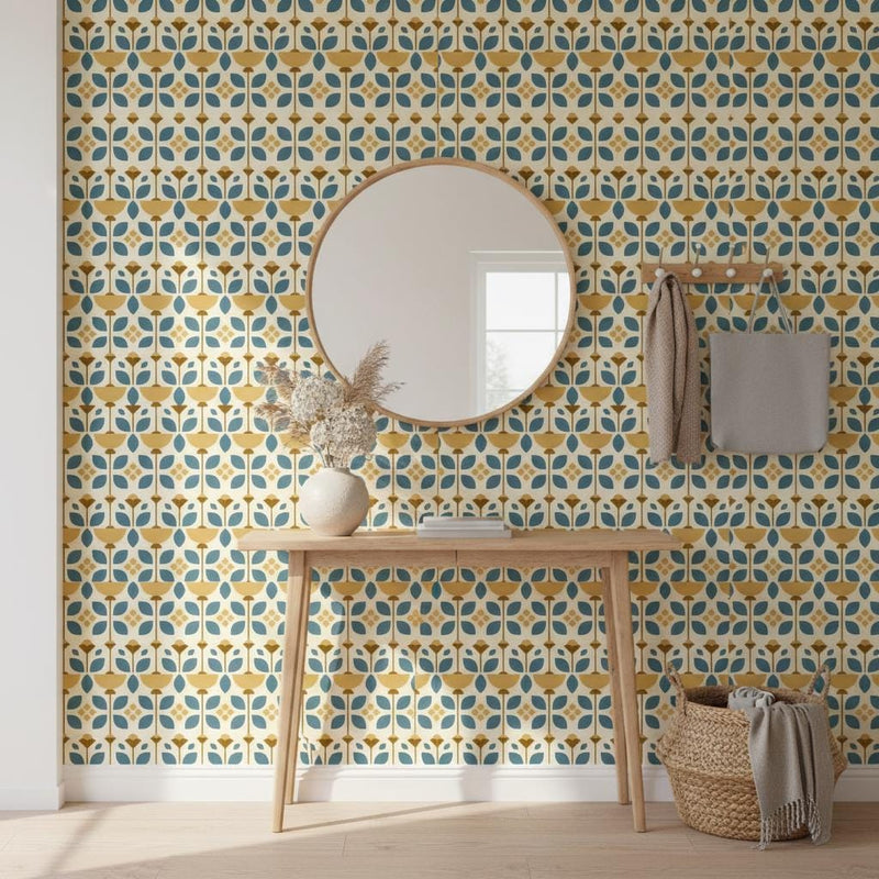 Geometric Floral Wallpaper - Teal & Mustard Scandinavian Peel and Stick | Removable Mid-Century Pattern