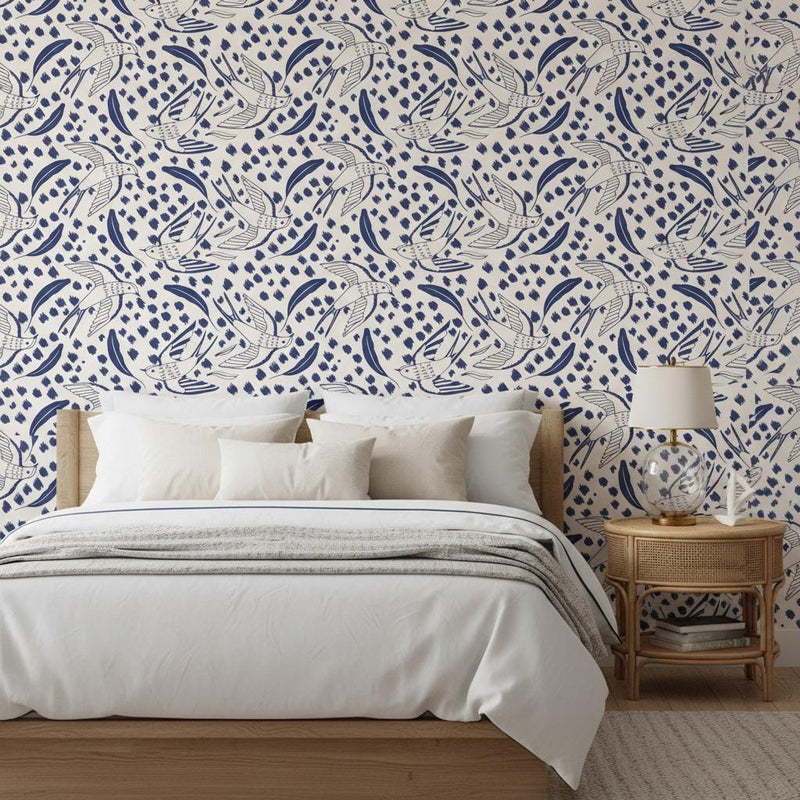 Bird Wallpaper - Navy Blue Swallow & Leaf Peel and Stick | Removable Coastal Scandinavian Pattern
