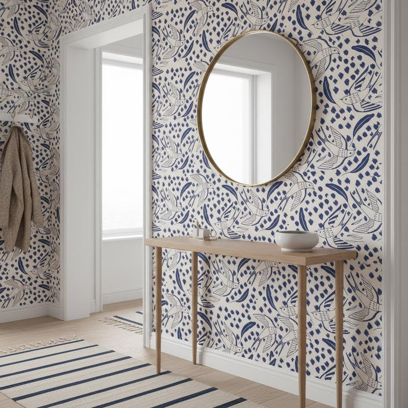 Bird Wallpaper - Navy Blue Swallow & Leaf Peel and Stick | Removable Coastal Scandinavian Pattern