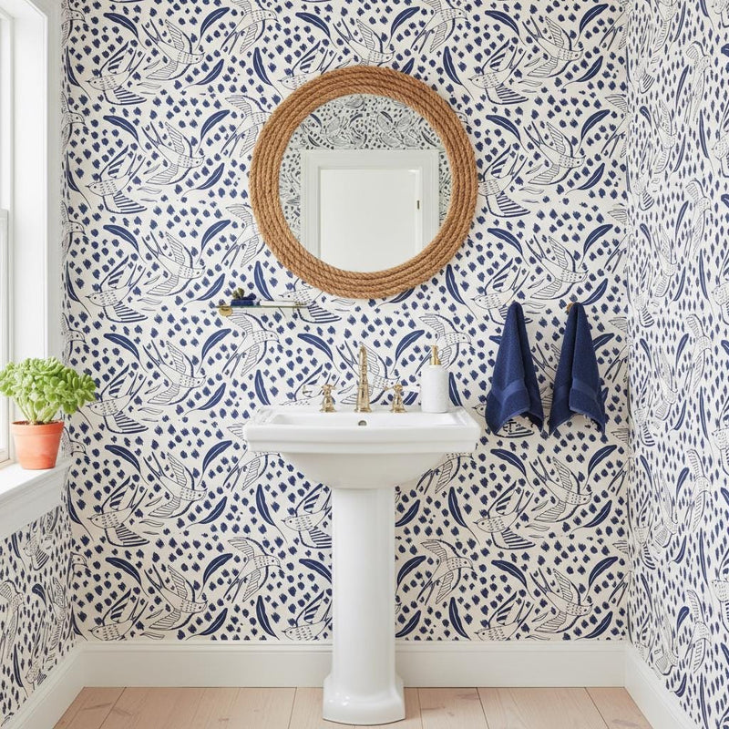 Bird Wallpaper - Navy Blue Swallow & Leaf Peel and Stick | Removable Coastal Scandinavian Pattern