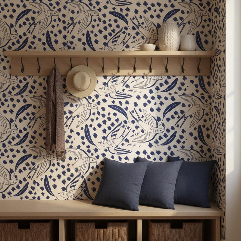 Bird Wallpaper - Navy Blue Swallow & Leaf Peel and Stick | Removable Coastal Scandinavian Pattern