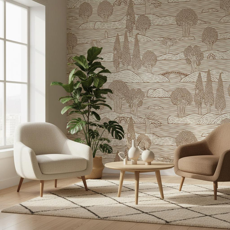 Landscape Wallpaper - Brown Countryside Toile Peel and Stick | Removable Scandinavian Nature Pattern