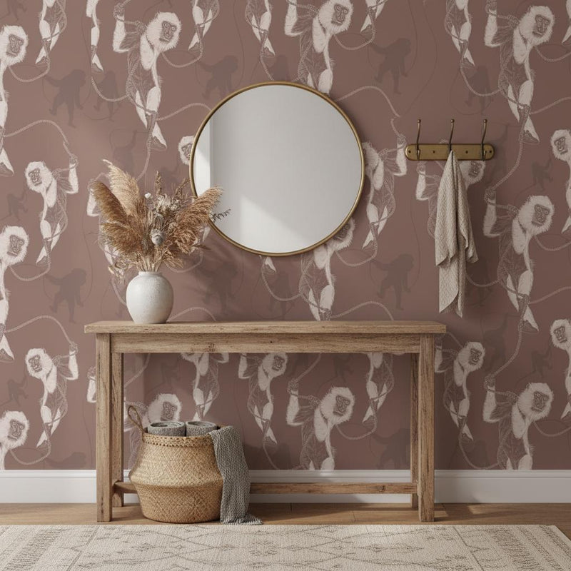 Lemur Wallpaper - Brown Animal Sketch Peel and Stick | Removable Wildlife Pattern