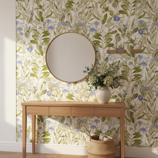 Botanical Wallpaper - Green & Blue Watercolor Floral Peel and Stick | Removable Nature Pattern