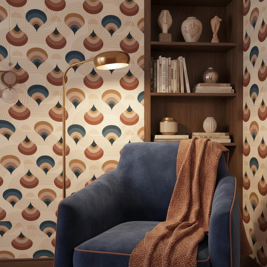 Art Deco Teardrop Wallpaper - Navy Blue & Terracotta Geometric Peel and Stick | Removable Wall Covering