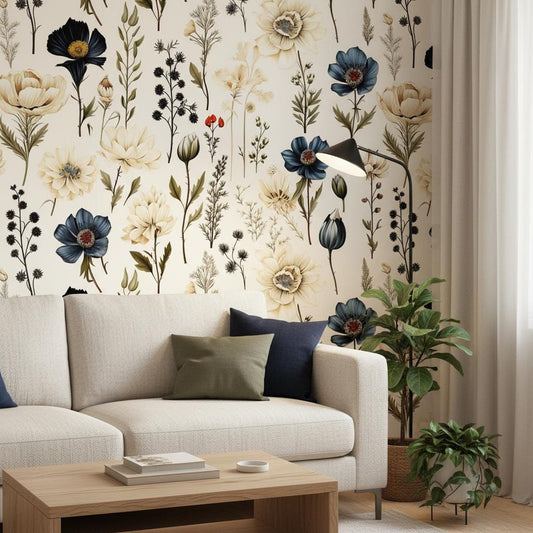 Botanical Wallpaper - Navy Blue & Cream Floral Peel and Stick | Removable Wildflower Pattern