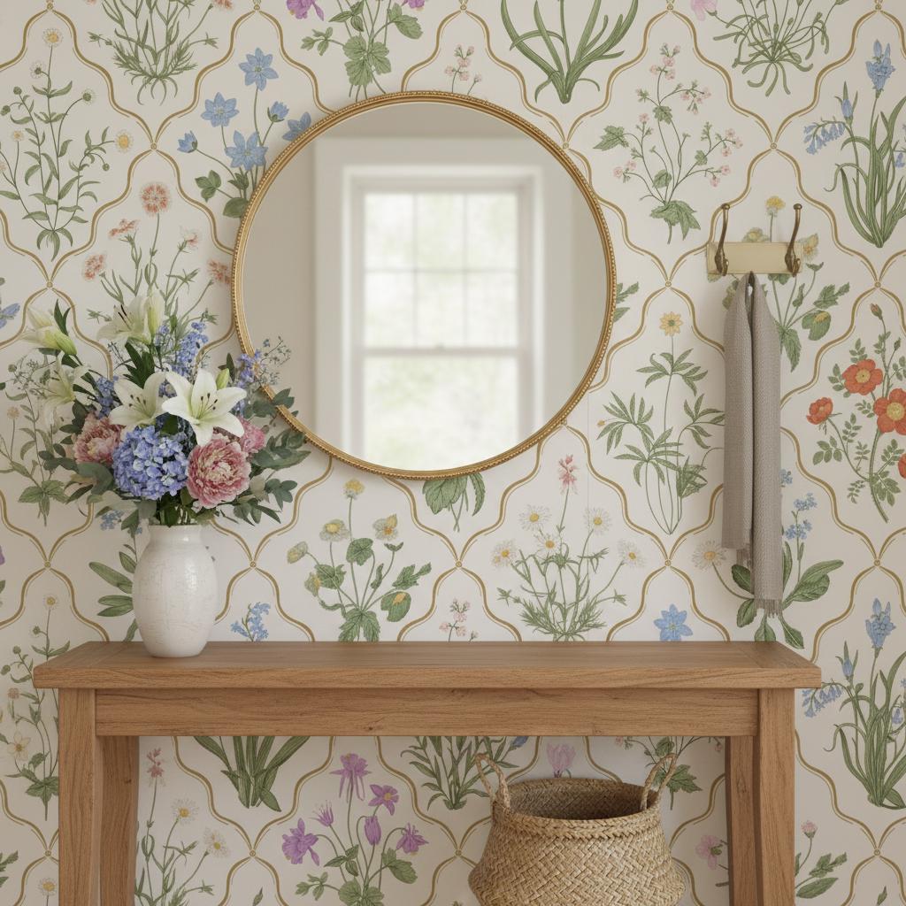 Delicate Floral Wallpaper | Vintage Botanical Pattern | Removable Peel and Stick Wallpaper
