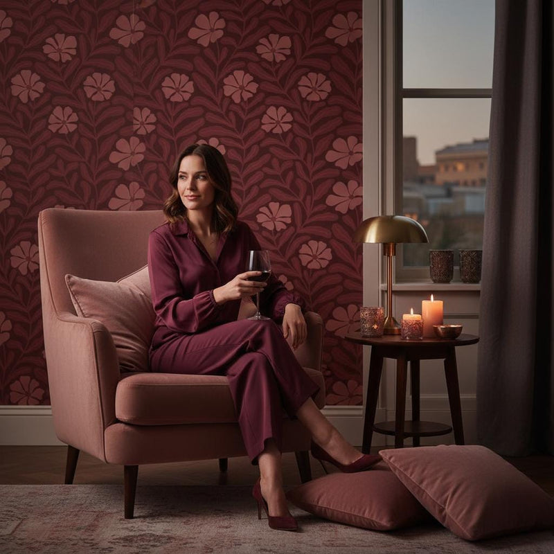 Art Nouveau Wallpaper - Dusty Pink Floral Tile Peel and Stick | Removable Vintage Pattern