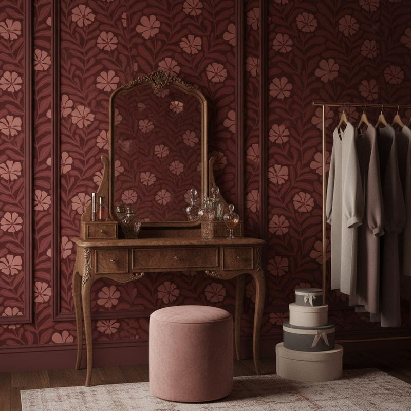 Art Nouveau Wallpaper - Dusty Pink Floral Tile Peel and Stick | Removable Vintage Pattern