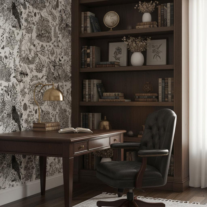 Black White Woodland Wallpaper - Forest Animal Botanical Peel and Stick