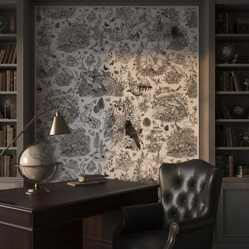 Black White Woodland Wallpaper - Forest Animal Botanical Peel and Stick