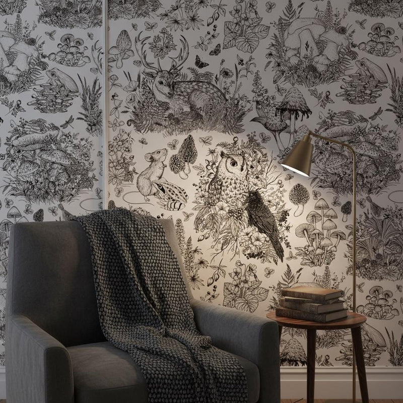 Black White Woodland Wallpaper - Forest Animal Botanical Peel and Stick