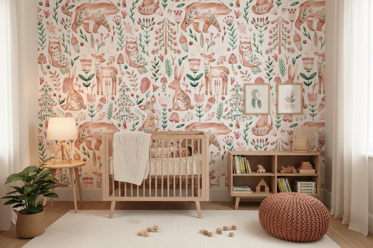 Woodland Animals Wallpaper | Nordic Nursery Wall Decor | Watercolor Forest Pattern | Removable Kids Room Wallpaper | Scandinavian Decor