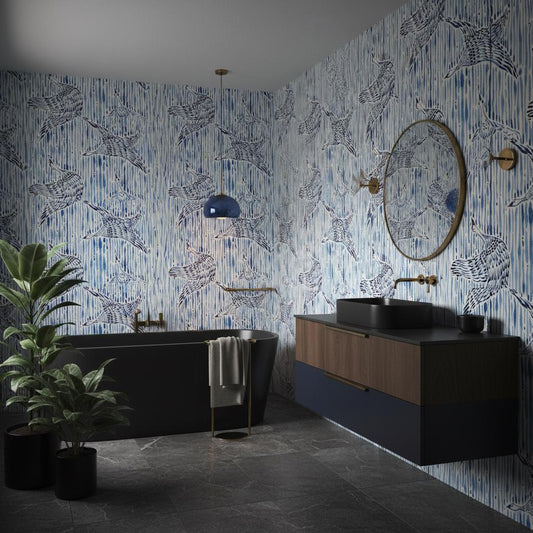 Crane Wallpaper Blue Watercolor | Peel and Stick Bird Wall Mural | Scandinavian Bedroom Decor | Removable Nordic Wallpaper