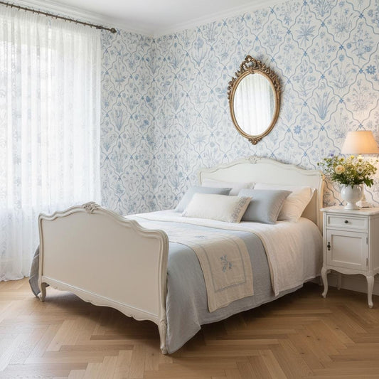 Delicate Blue Floral Wallpaper | Vintage Botanical Pattern | Removable Peel and Stick Wallpaper