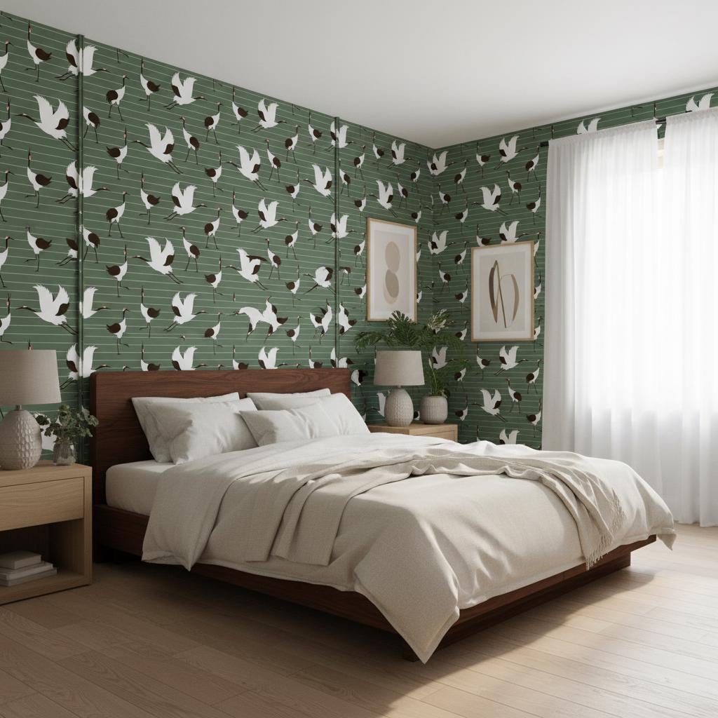 Green Crane Wallpaper Peel and Stick | Japanese Bird Wallpaper | Modern Asian Inspired Wall Decor
