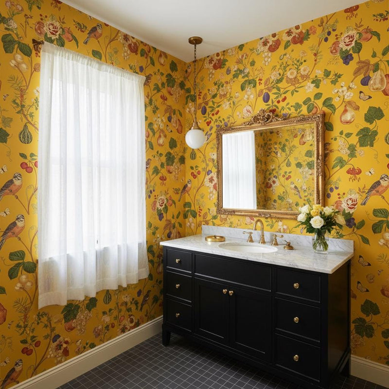 Yellow Botanical Wallpaper Peel and Stick | Vintage Fruit Bird Wallpaper | Maximalist Eclectic Wall Decor