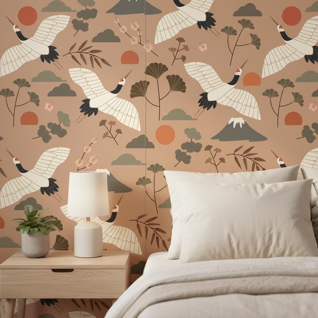 Japanese Crane Wallpaper Peel and Stick | Mount Fuji Wallpaper | Japandi Asian Inspired Wall Decor