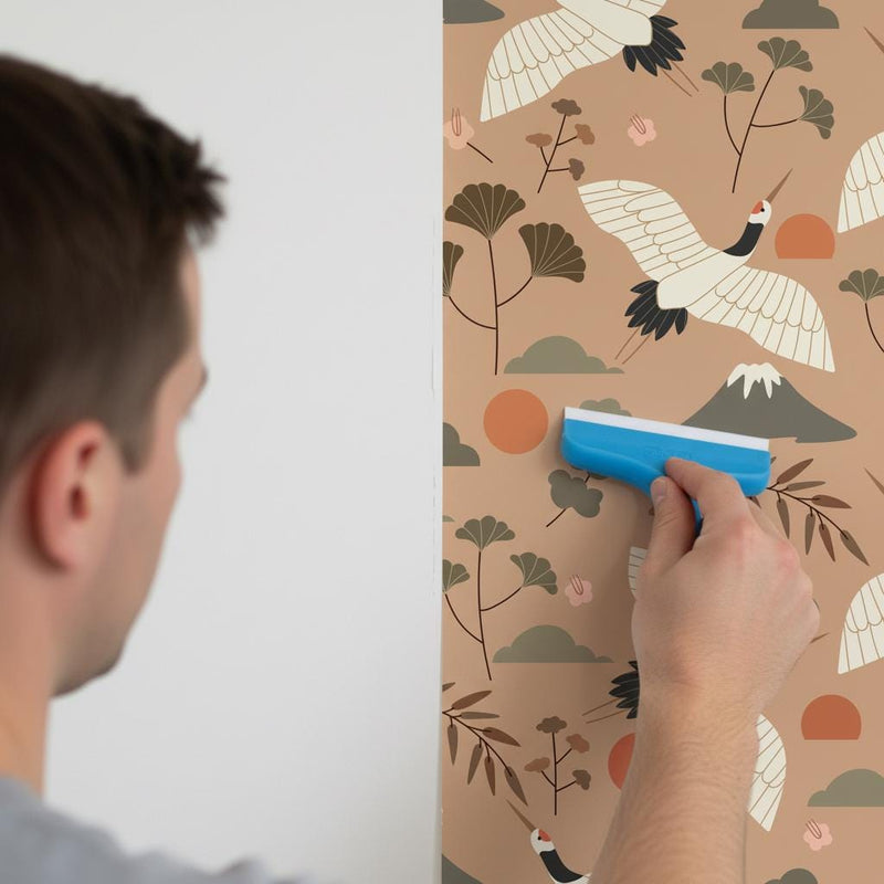 Japanese Crane Wallpaper Peel and Stick | Mount Fuji Wallpaper | Japandi Asian Inspired Wall Decor