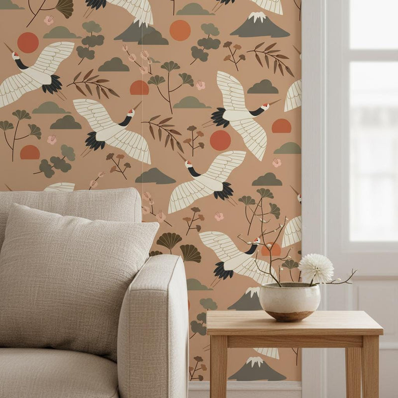Japanese Crane Wallpaper Peel and Stick | Mount Fuji Wallpaper | Japandi Asian Inspired Wall Decor