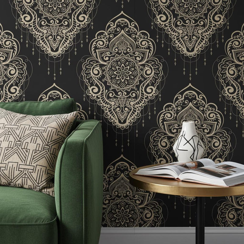 Dark Mandala Wallpaper Peel and Stick | Bohemian Medallion Pattern | Luxury Ornate Wall Decor