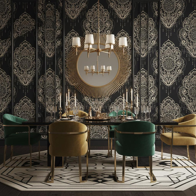 Dark Mandala Wallpaper Peel and Stick | Bohemian Medallion Pattern | Luxury Ornate Wall Decor