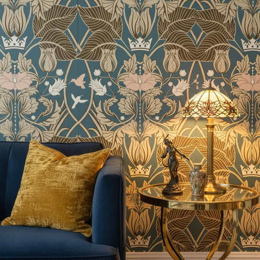 Teal Art Nouveau Wallpaper Peel and Stick | Vintage Floral Crown Pattern | Elegant Wall Decor