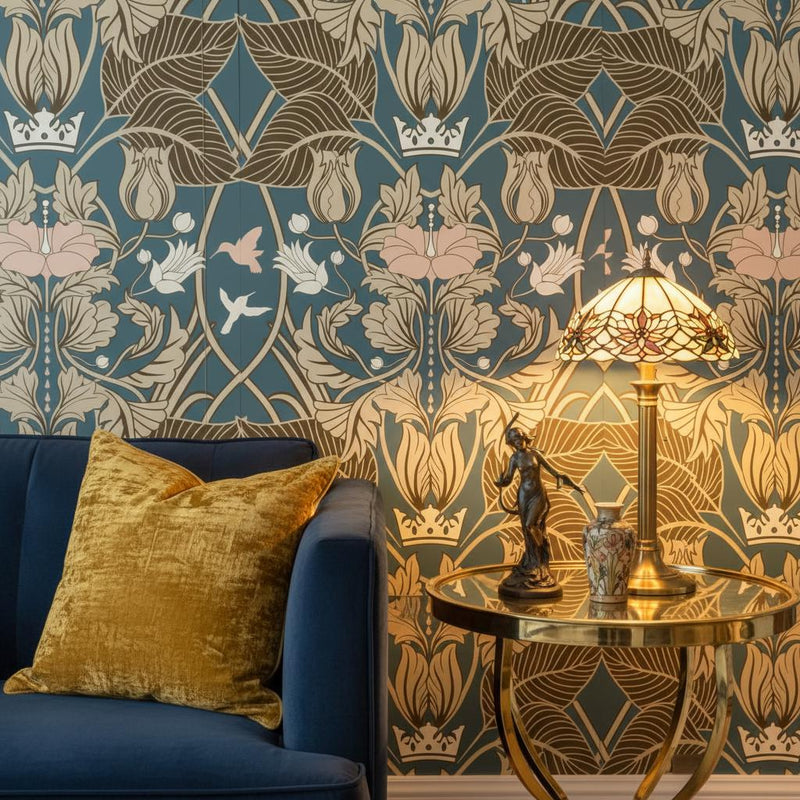 Teal Art Nouveau Wallpaper Peel and Stick | Vintage Floral Crown Pattern | Elegant Wall Decor
