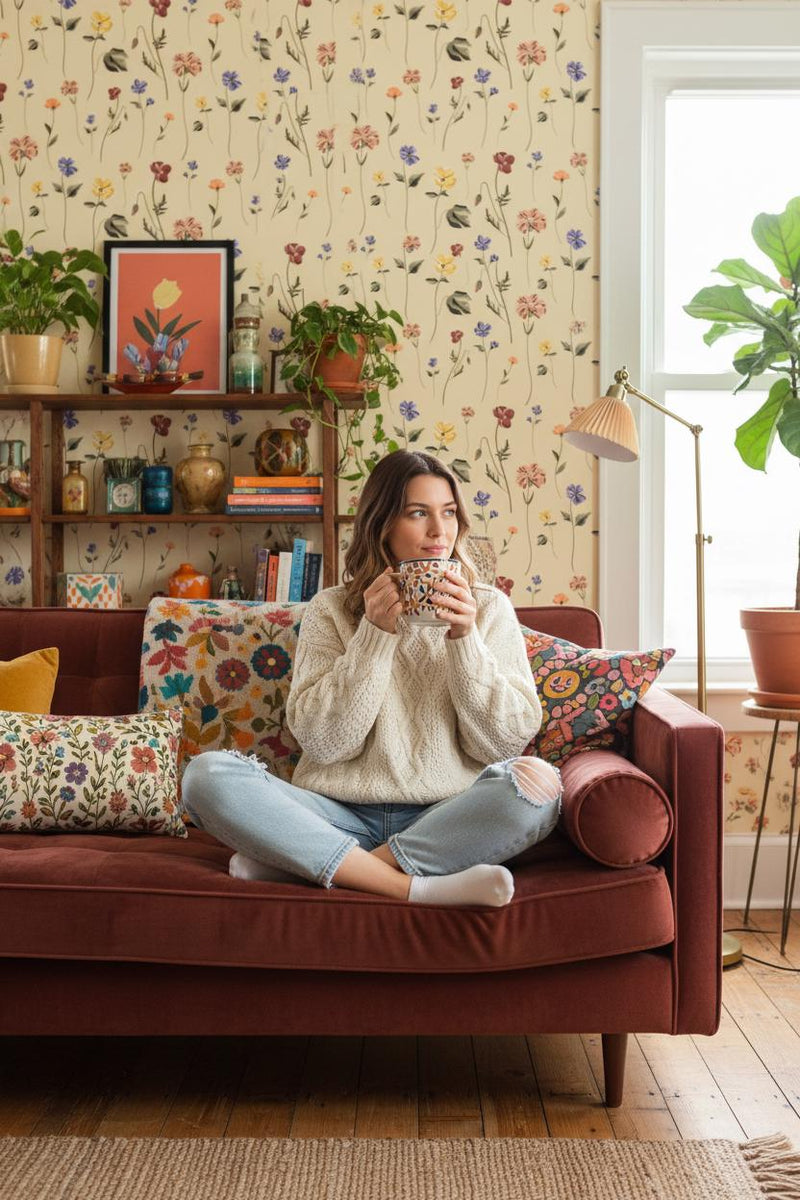 Wildflower Wallpaper Peel and Stick | Delicate Floral Pattern | Maximalist Boho Wall Decor