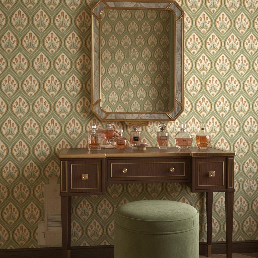 Art Deco Peacock Feather Wallpaper - Removable Peel and Stick Wall Covering | Sage Green Vintage Geometric Pattern
