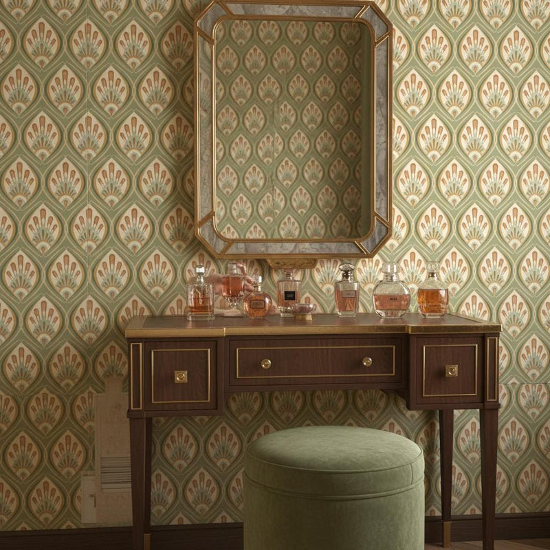 Art Deco Peacock Feather Wallpaper - Removable Peel and Stick Wall Covering | Sage Green Vintage Geometric Pattern