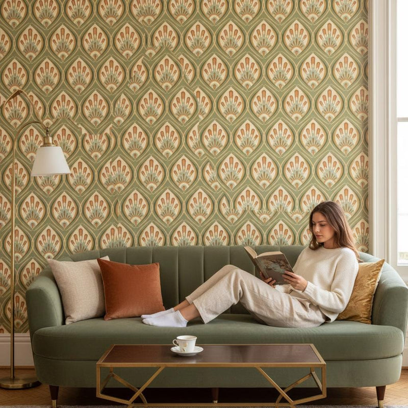 Art Deco Peacock Feather Wallpaper - Removable Peel and Stick Wall Covering | Sage Green Vintage Geometric Pattern