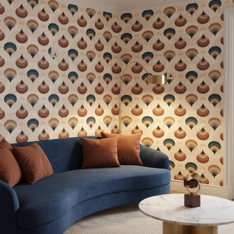 Art Deco Teardrop Wallpaper - Navy Blue & Terracotta Geometric Peel and Stick | Removable Wall Covering