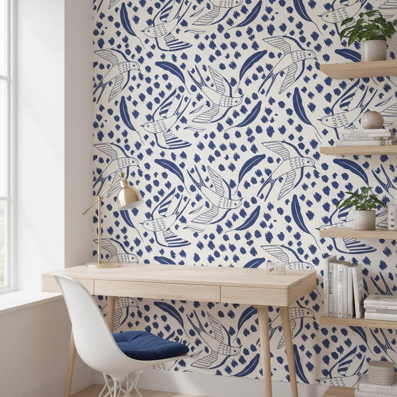 Bird Wallpaper - Navy Blue Swallow & Leaf Peel and Stick | Removable Coastal Scandinavian Pattern