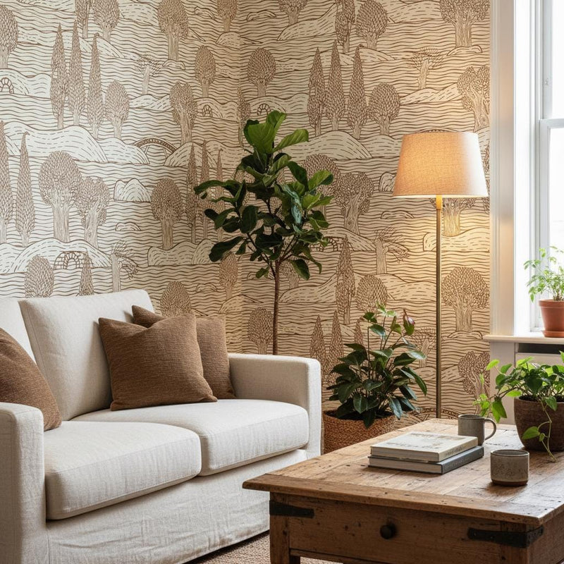 Landscape Wallpaper - Brown Countryside Toile Peel and Stick | Removable Scandinavian Nature Pattern
