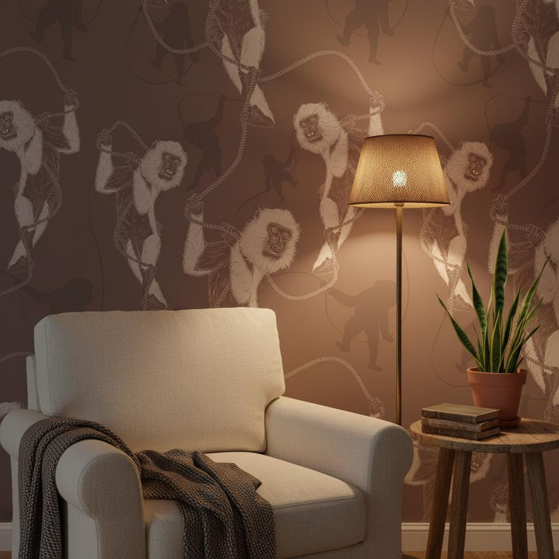 Lemur Wallpaper - Brown Animal Sketch Peel and Stick | Removable Wildlife Pattern