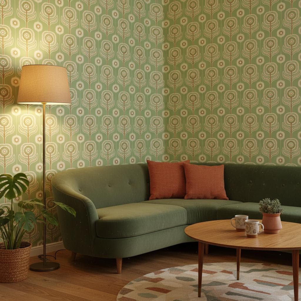 Retro Floral Wallpaper - Sage Green Scandinavian Peel and Stick | Removable Geometric Flower Pattern