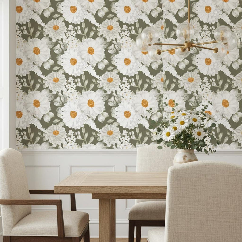 White Daisy Wallpaper Sage Green | Elegant Floral Wall Mural | Organic Luxury Botanical Decor | Peel and Stick