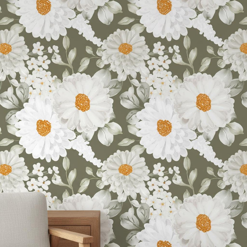White Daisy Wallpaper Sage Green | Elegant Floral Wall Mural | Organic Luxury Botanical Decor | Peel and Stick