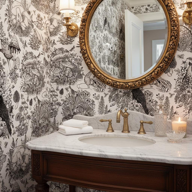 Black White Woodland Wallpaper - Forest Animal Botanical Peel and Stick