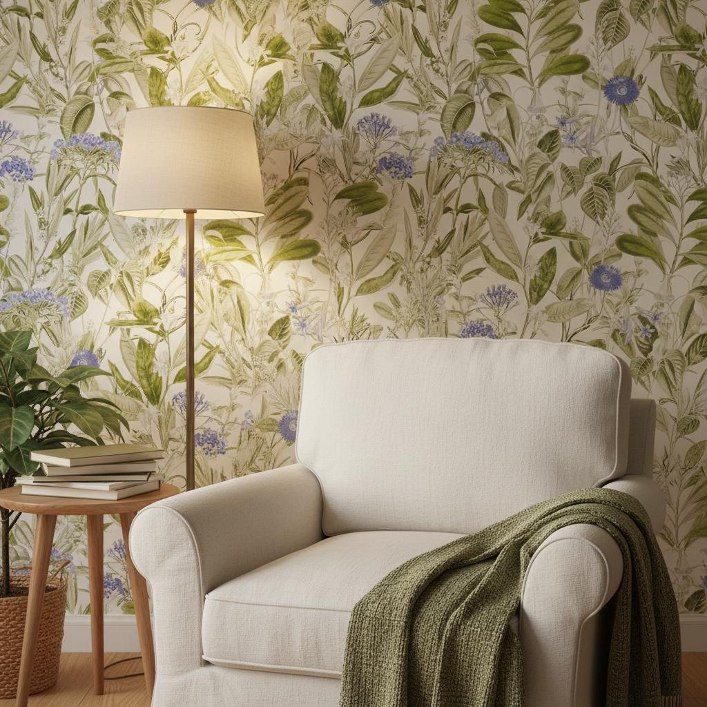 Botanical Wallpaper - Green & Blue Watercolor Floral Peel and Stick | Removable Nature Pattern