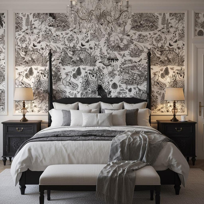 Black White Woodland Wallpaper - Forest Animal Botanical Peel and Stick