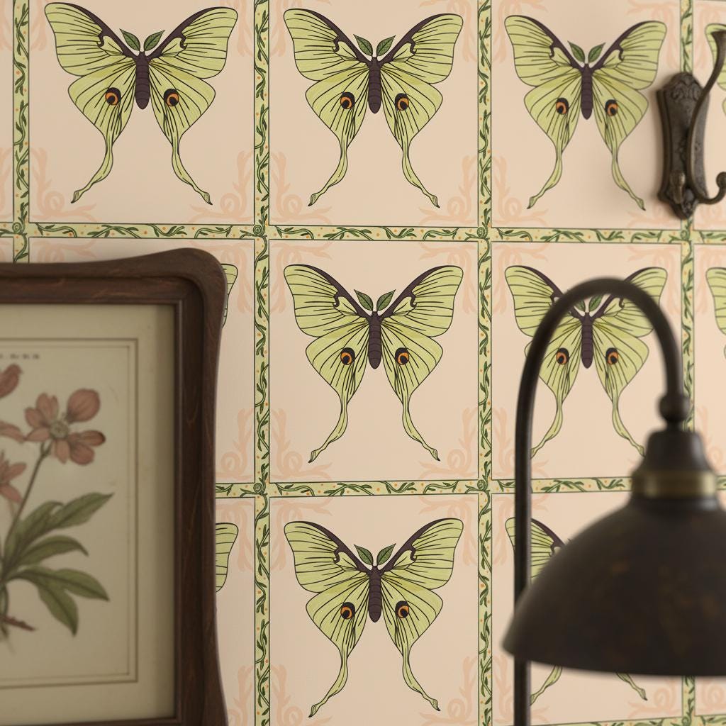 Butterfly Wallpaper Luna Moth | Vintage Natural History | Art Nouveau Botanical | Peach Yellow Green | Peel and Stick