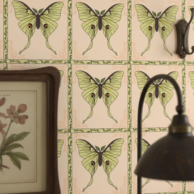 Butterfly Wallpaper Luna Moth | Vintage Natural History | Art Nouveau Botanical | Peach Yellow Green | Peel and Stick