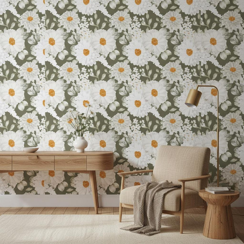 White Daisy Wallpaper Sage Green | Elegant Floral Wall Mural | Organic Luxury Botanical Decor | Peel and Stick