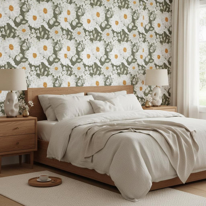 White Daisy Wallpaper Sage Green | Elegant Floral Wall Mural | Organic Luxury Botanical Decor | Peel and Stick