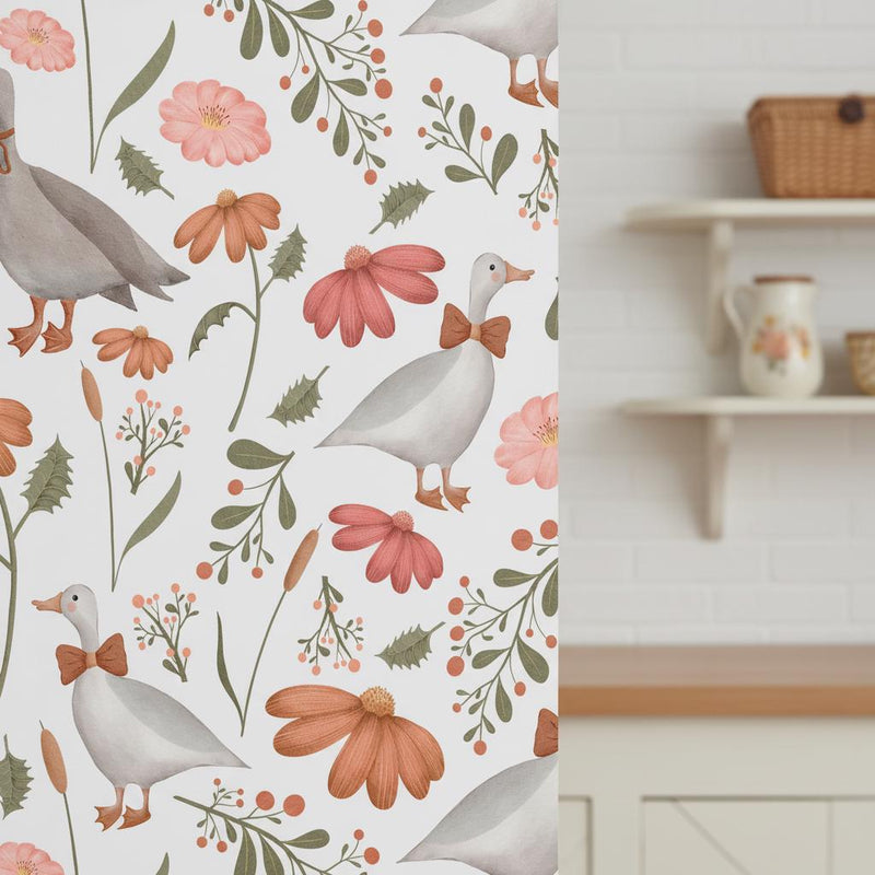 Whimsical Goose Wallpaper Floral | Farmhouse Nursery Decor | Cute Duck Pattern Kids Room | Peel and Stick