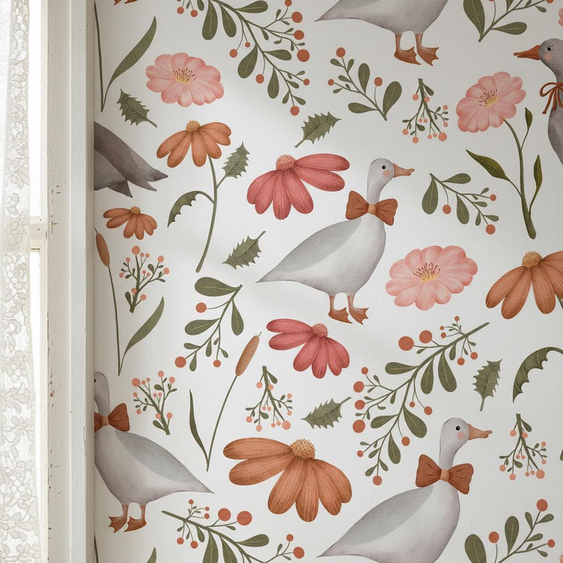 Whimsical Goose Wallpaper Floral | Farmhouse Nursery Decor | Cute Duck Pattern Kids Room | Peel and Stick